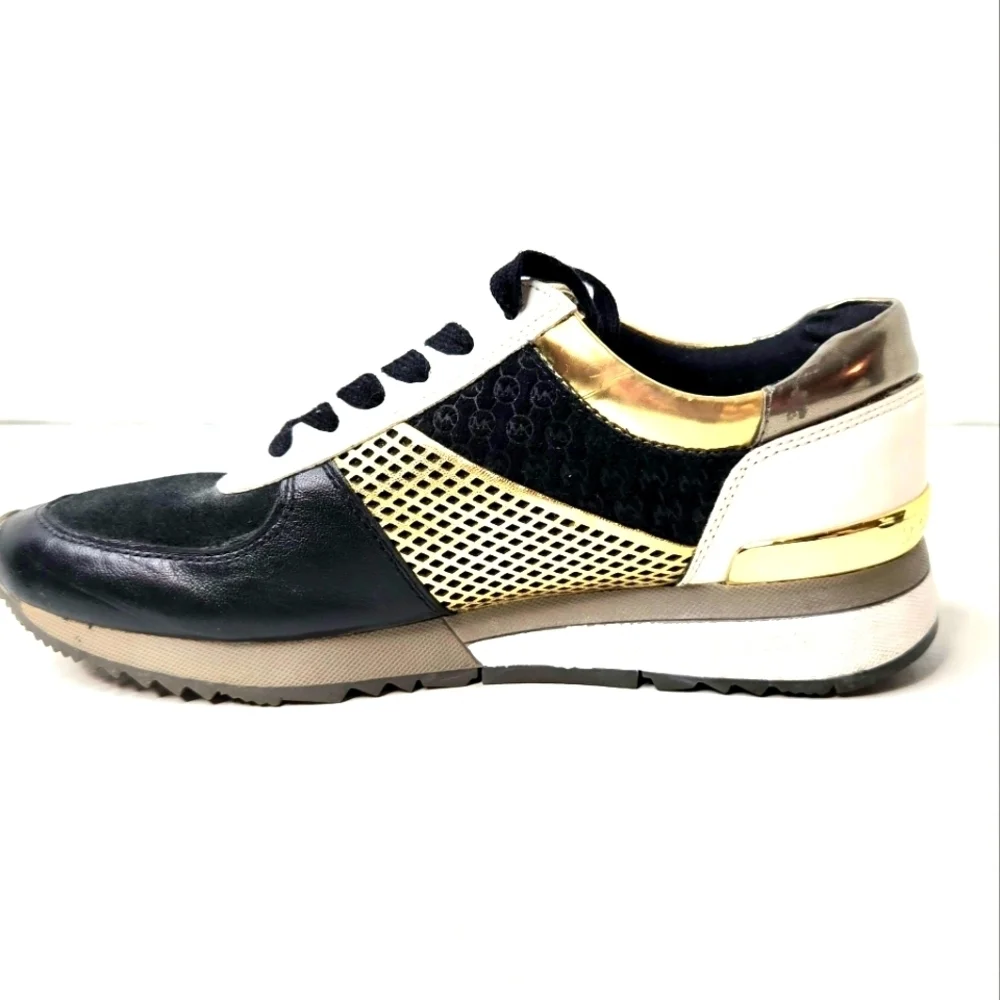 Michael Kors leather sneakers.  Black/metallic gold/white. Blinged out 7…